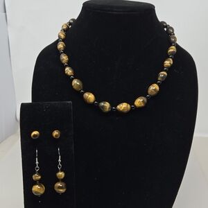 Vintage Tiger Eyes Necklace-2 Pairs of Pierced Earrings Fashionable Brown Swirls